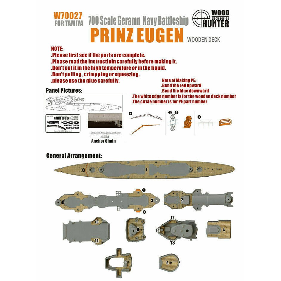 Model Kit Yamato - Hunter-cubierta de madera W70027 1/700, buque